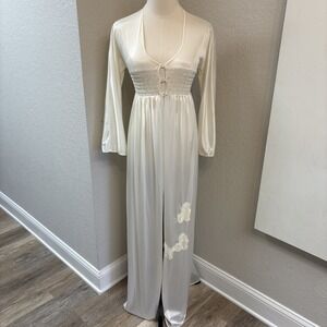 1960s Bridal Nightgown Peignoir Ivory Lace Smocked Sz Small Mistee Nylon USA